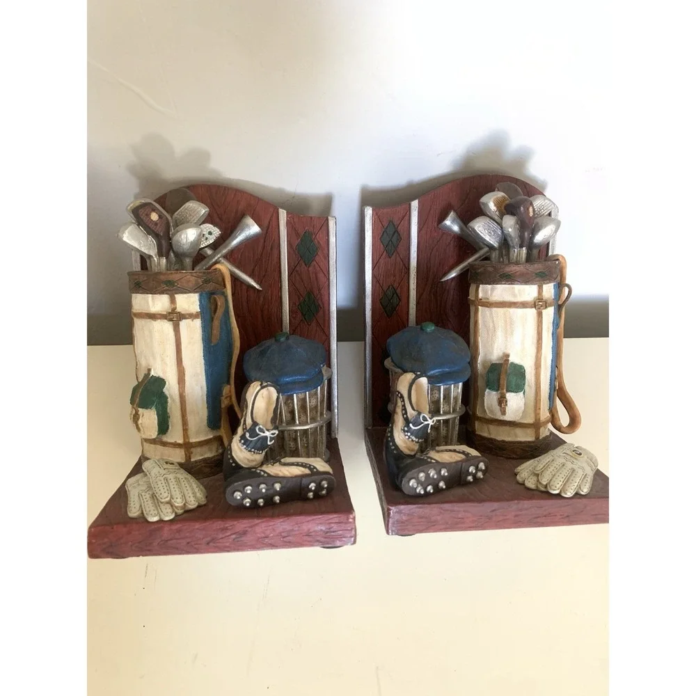 Highland Ridge Golf Bookends Resin Golfer Bag Clubs Shoes Man Cave Office Decor